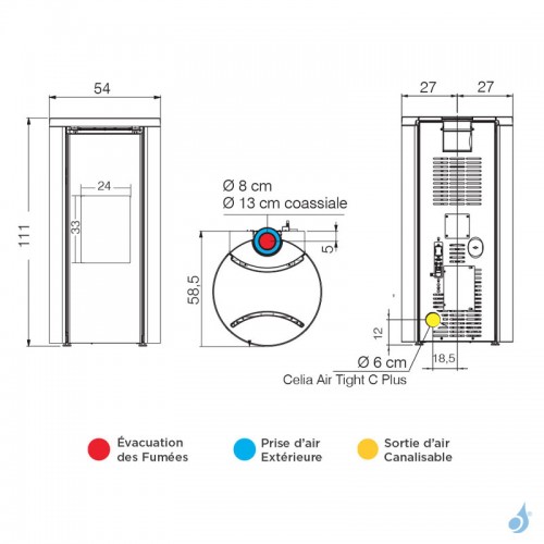 Poêle à granulés étanche Edilkamin Celia ATC Puissance 7.2kW A++ Sortie Coaxial Supérieure