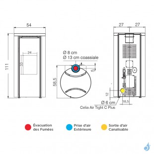 Poêle à granulés étanche Edilkamin Celia ATC Puissance 7.2kW A++ Sortie Coaxial Supérieure