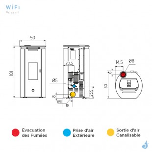 Poêle à granulés canalisable EK63 Tweed90+ Puissance 9.2kW Sortie Fumée Supérieure Ø8cm