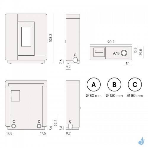 Poêle à granulés canalisable CADEL Elle Plus 9 Up-Twin Puissance 8.5kW WiFi Sortie Fumée Coaxiale Ø8/13 cm