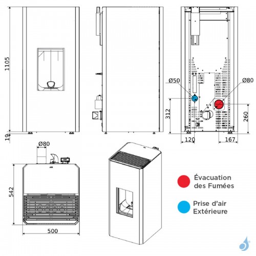 Poêle à granulés canalisable MCZ Mako Comfort Airmatic 8 Core R Puissance 8.0kW Sortie Fumée Postérieure