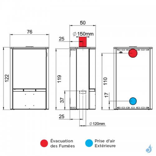 Poêle à bois MCZ Saya Steel Puissance 10kW Sortie Fumée Supérieure Ø15 cm